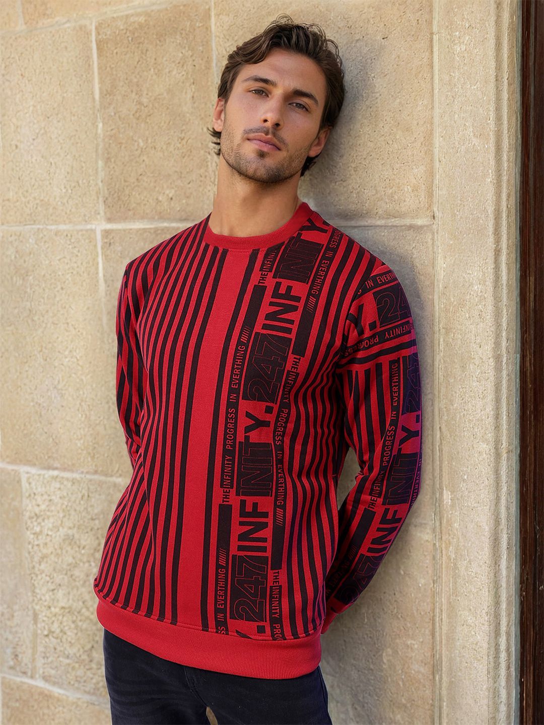 The Indian Garage Co Men Round Neck Striped Pullover Sweatshirt