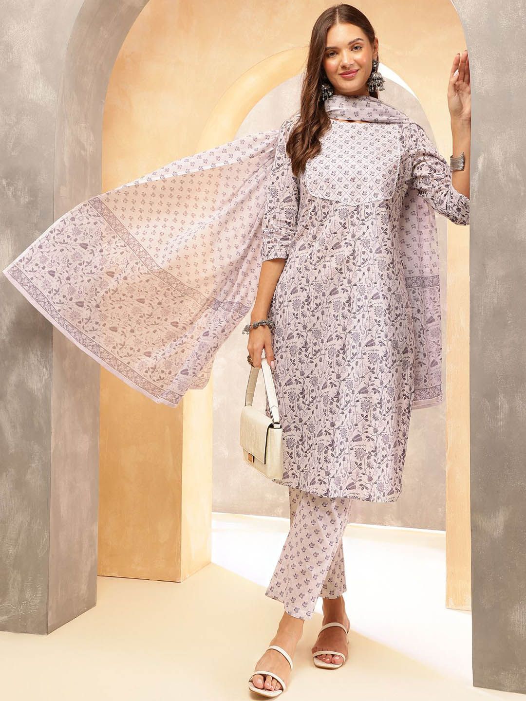 Anouk Women Ethnic Motifs Printed Regular Beads and Stones Pure Cotton Kurta with Trousers & With Dupatta