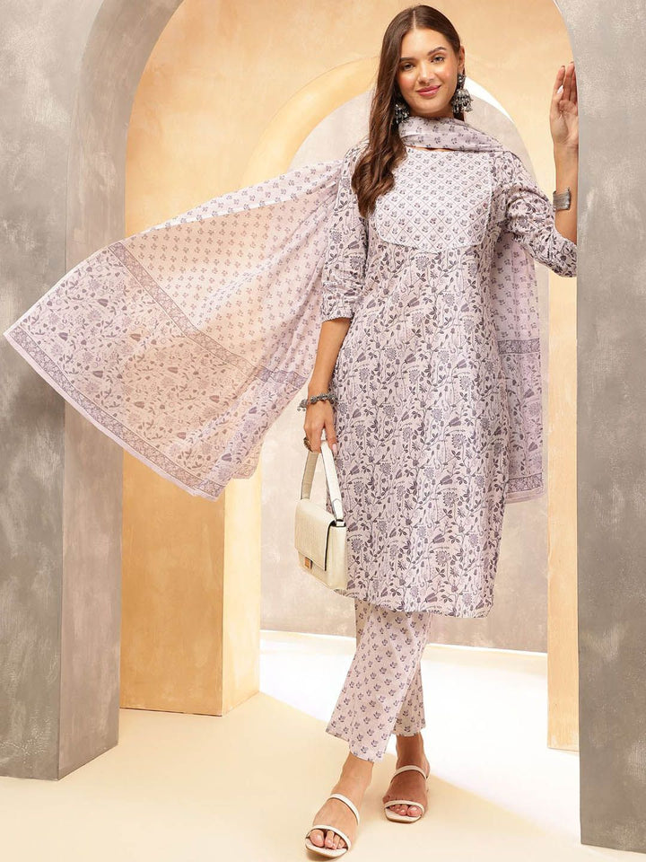 Anouk Women Ethnic Motifs Printed Regular Beads and Stones Pure Cotton Kurta with Trousers & With Dupatta