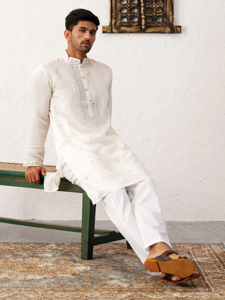 Jompers Floral Embroidered Mirror Work Mandarin Collar Kurta With Trousers