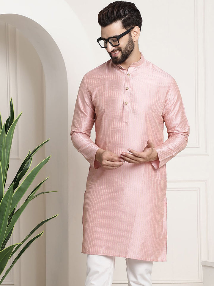 SOJANYA Striped Band Collar Long Sleeves Straight Kurta