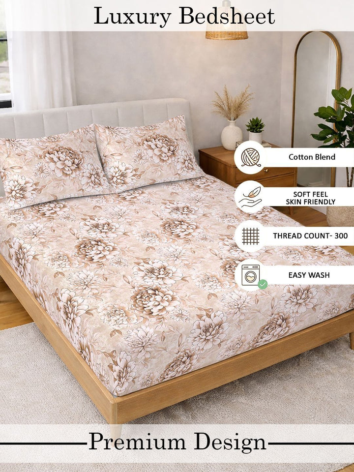 Myntra Elegant Homes Beige Floral 300 TC Super King Double Bedsheet dengan 2 Sarung Bantal