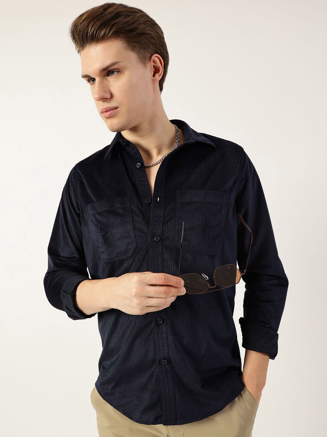 Thomas Scott Men Classic Spread Collar Textured Slim Fit Casual Shirt