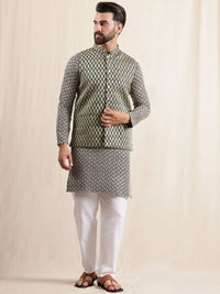 Motif Etnik Anouk Bersulam Kurta Kapas Tulen Bersulam Sequnnied Dengan Piyama & Jaket Nehru