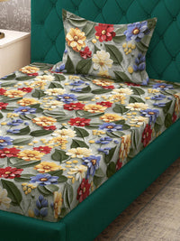 KLOTTHE Bercetak Bunga Hijau & Merah Dilengkapi Cadar 7D Single 300 TC Dengan Sarung Bantal