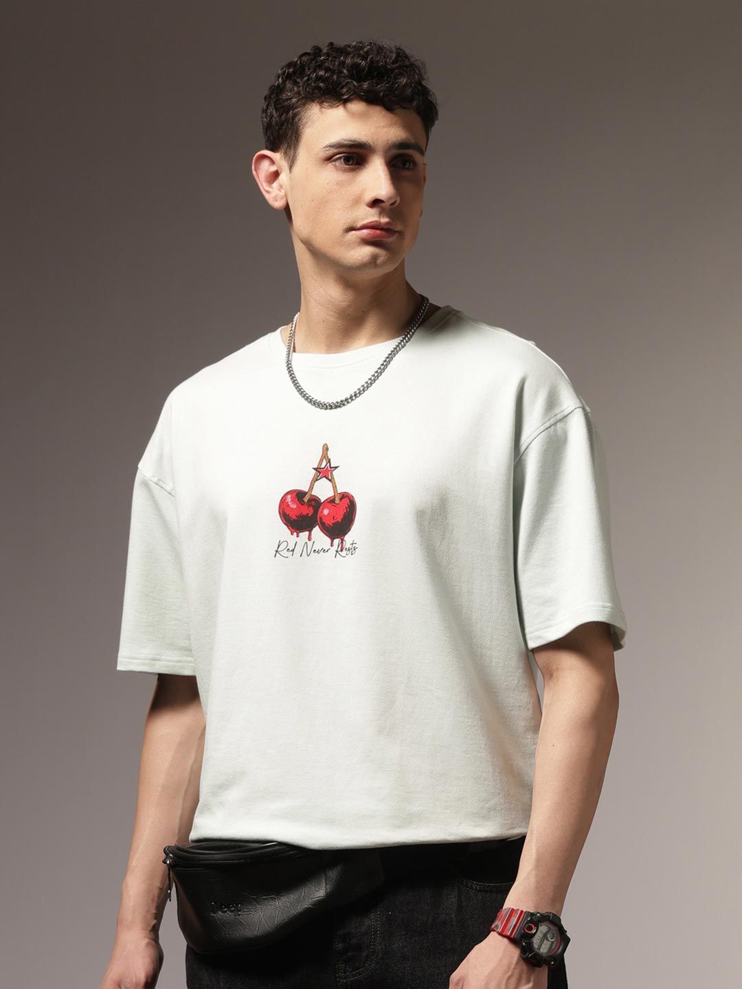 Eszett Crimson Drip Graphic Cotton Round Neck Short Sleeves Oversized T-shirt