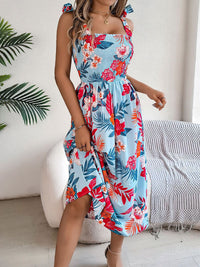all about you Women Floral Printed Smocked Shoulder Straps Fit & Flare Midi Dress