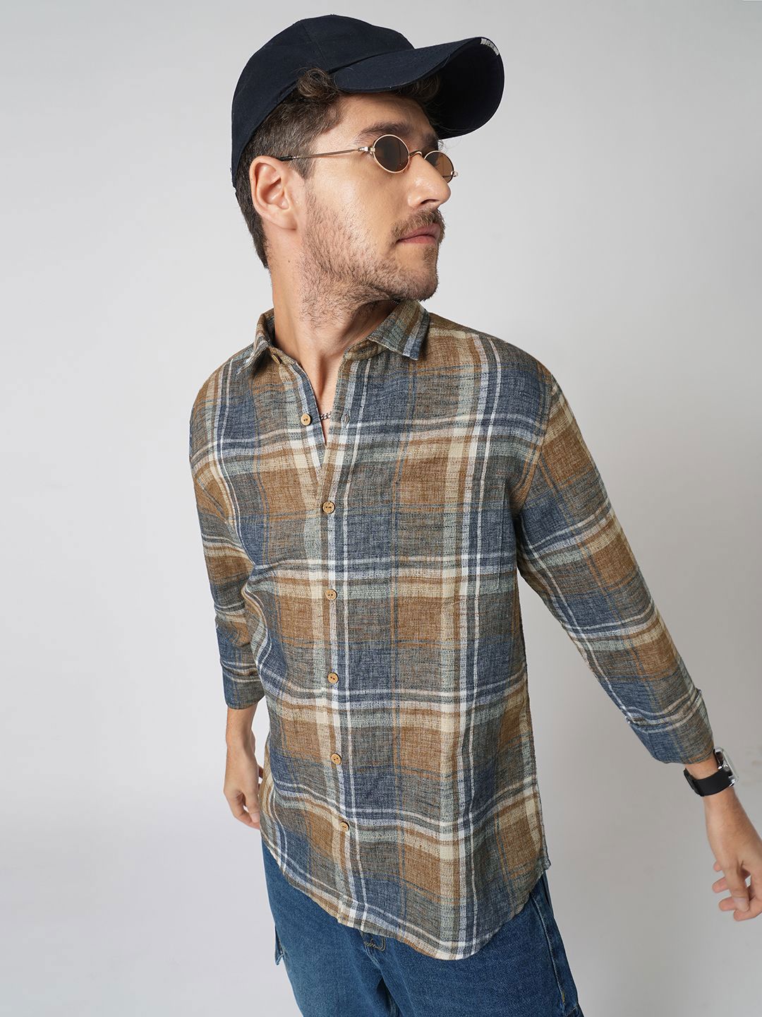 VASTRADO Men Classic Slim Fit Tartan Checked Cutaway Collar Cotton Casual Shirt