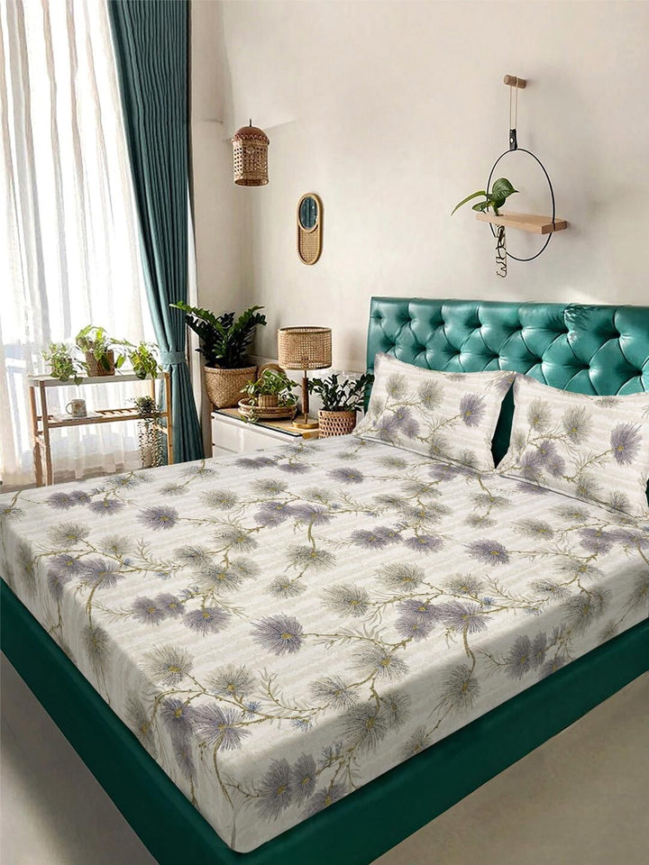 KLOTTHE Beige & Grey Floral 300 TC King Bedsheet with 2 Pillow Covers