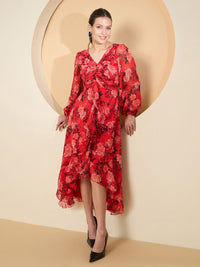 Antheaa Floral Print Flared Sleeve Chiffon A-Line Midi Dress