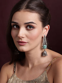 PANASH Silver Plated Cubic Zirconia Studded Oxidized Jhumka Earrings