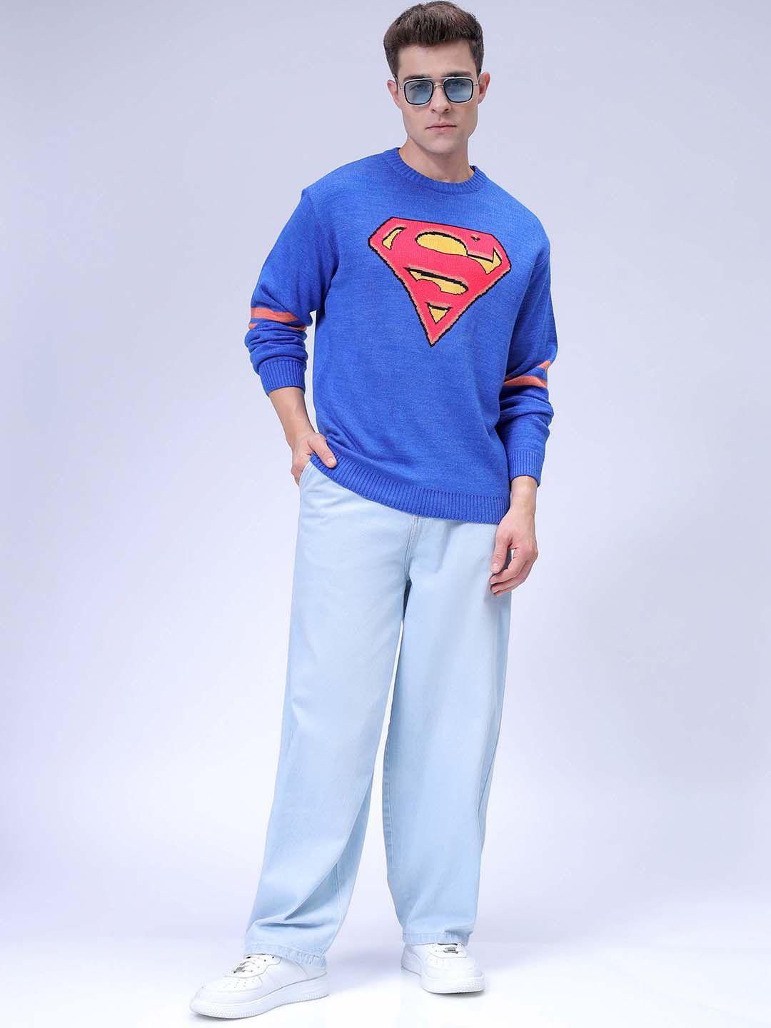 The Indian Garage Co Men Superman Printed Crew Neck Relaxed Fit Jacquard Sweater