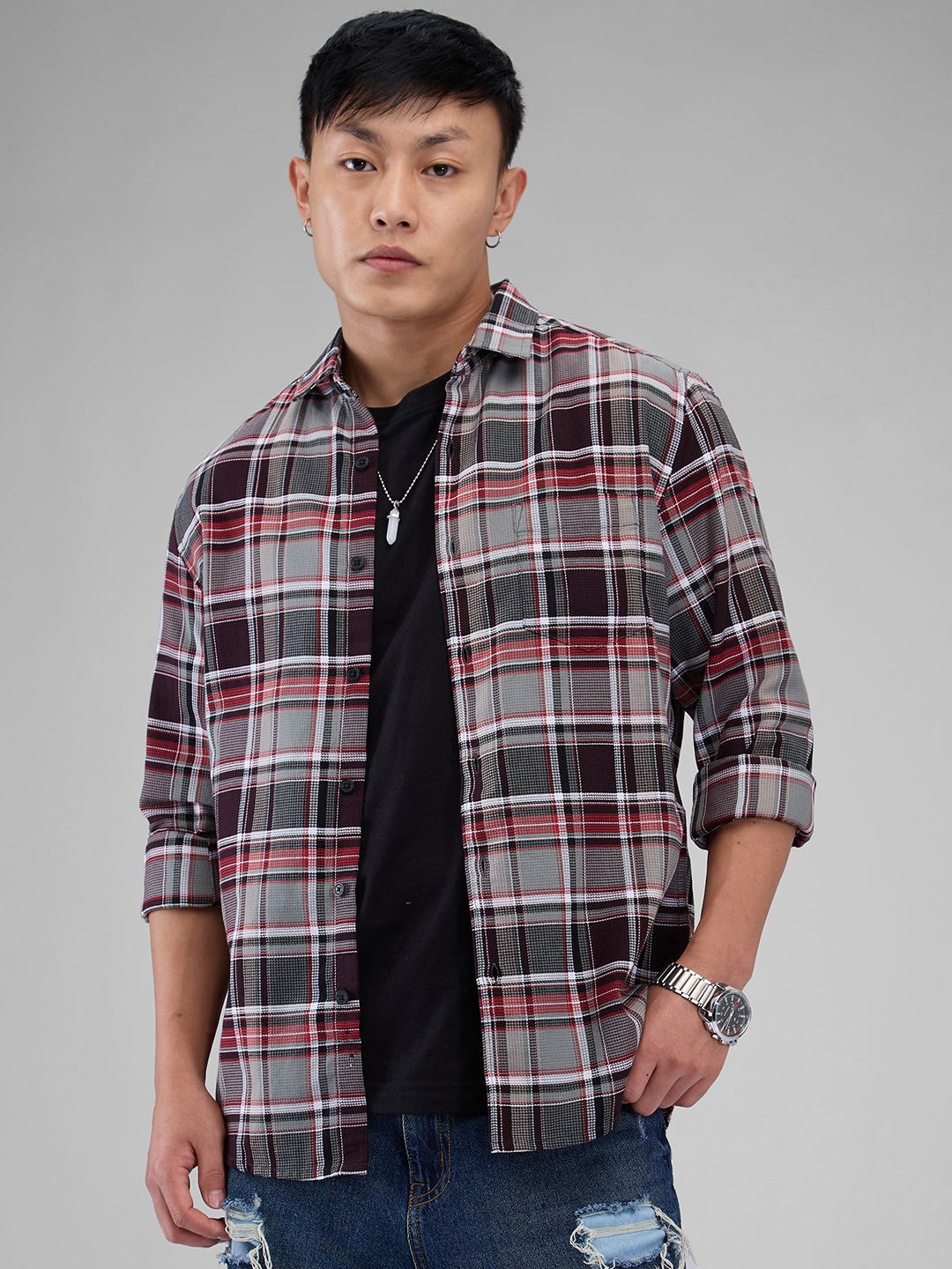 VASTRADO Men Classic Spread Collar Tartan Checked Cotton Slim Fit Casual Shirt