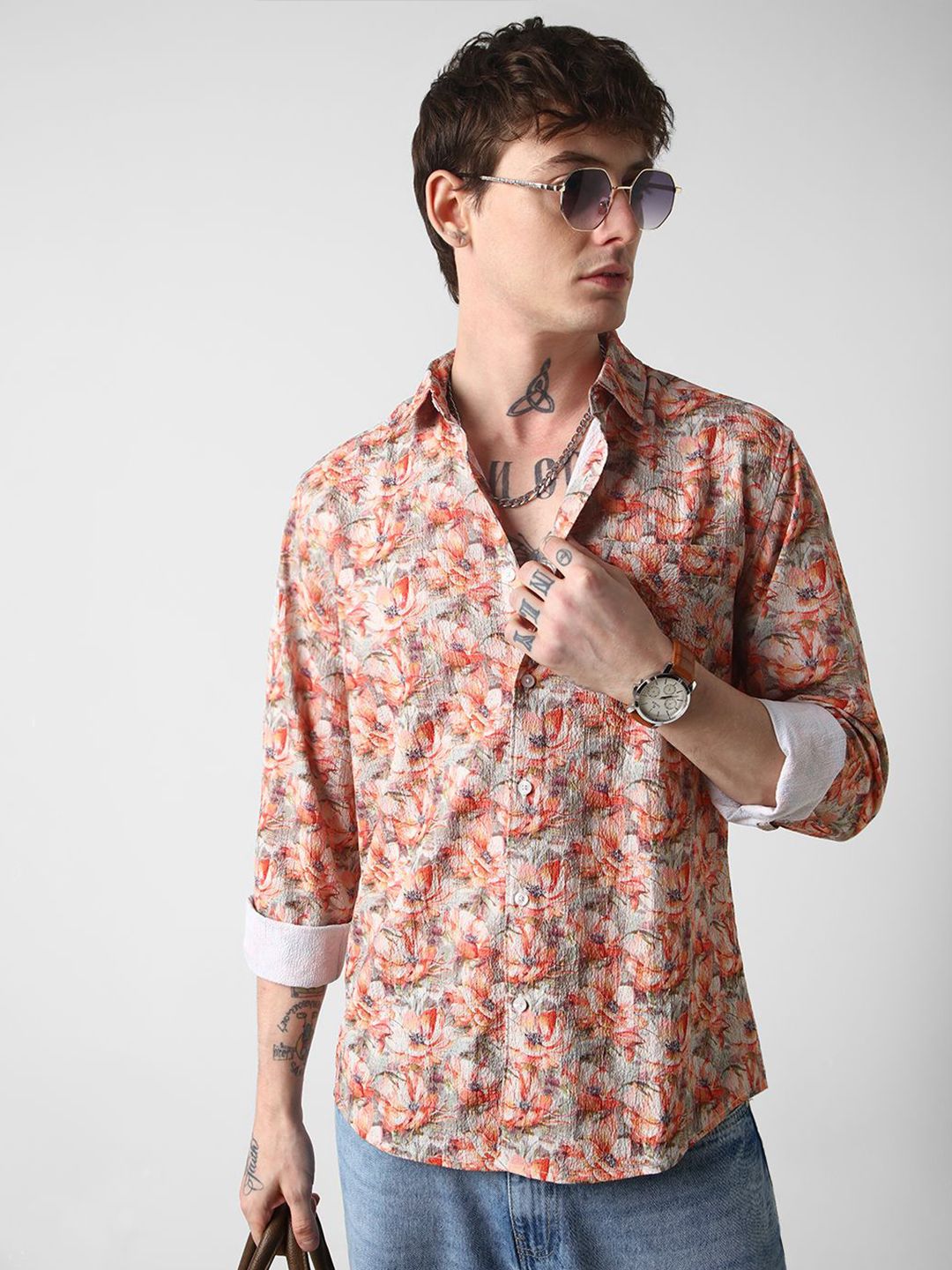VASTRADO Men Classic Spread Collar Floral Printed Slim Fit Casual Shirt