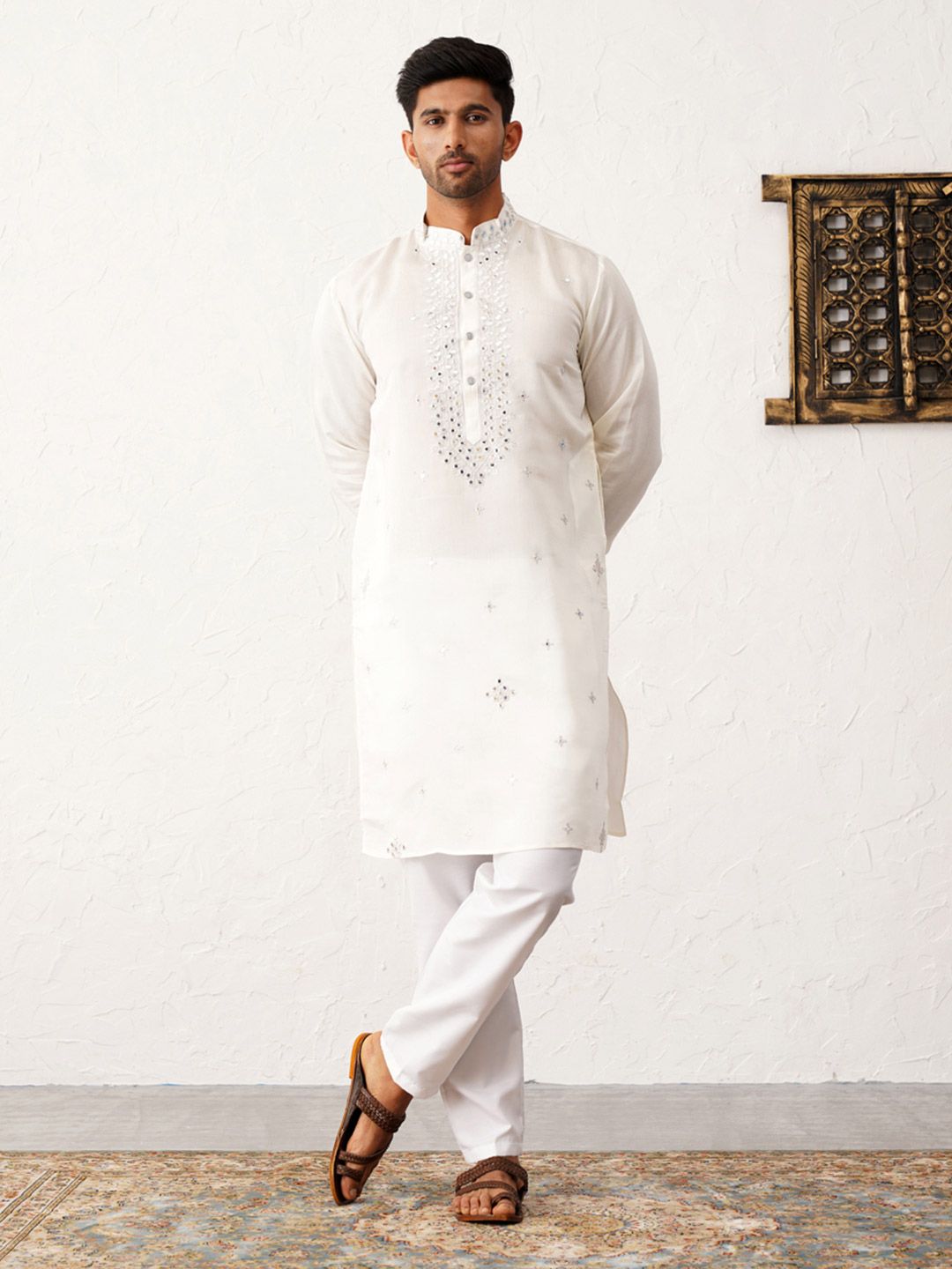 Jompers Floral Embroidered Mirror Work Mandarin Collar Kurta With Trousers