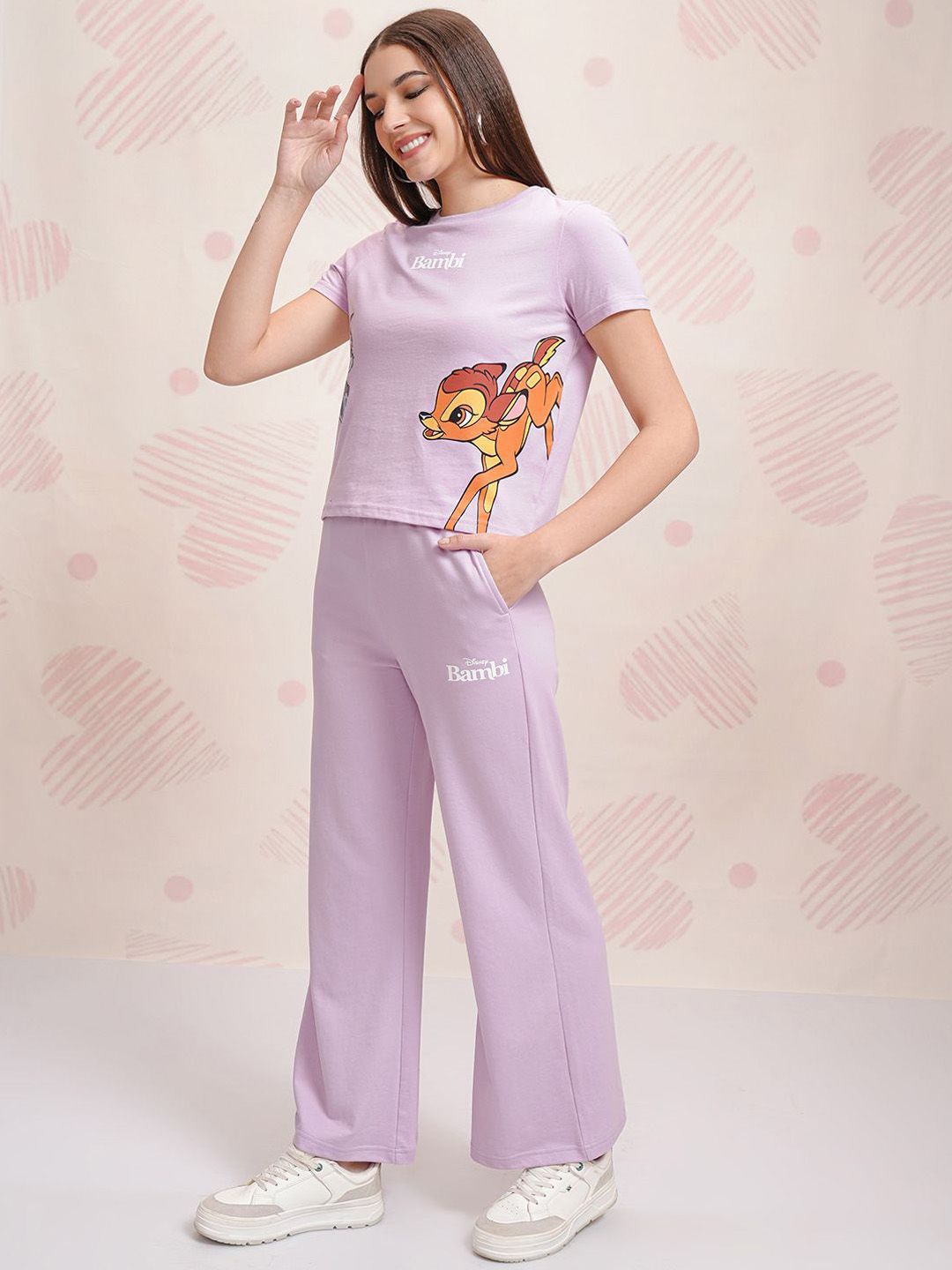 Tokyo Talkies Lavender Disney Bambi Printed Pure Cotton T Shirt With Trouser