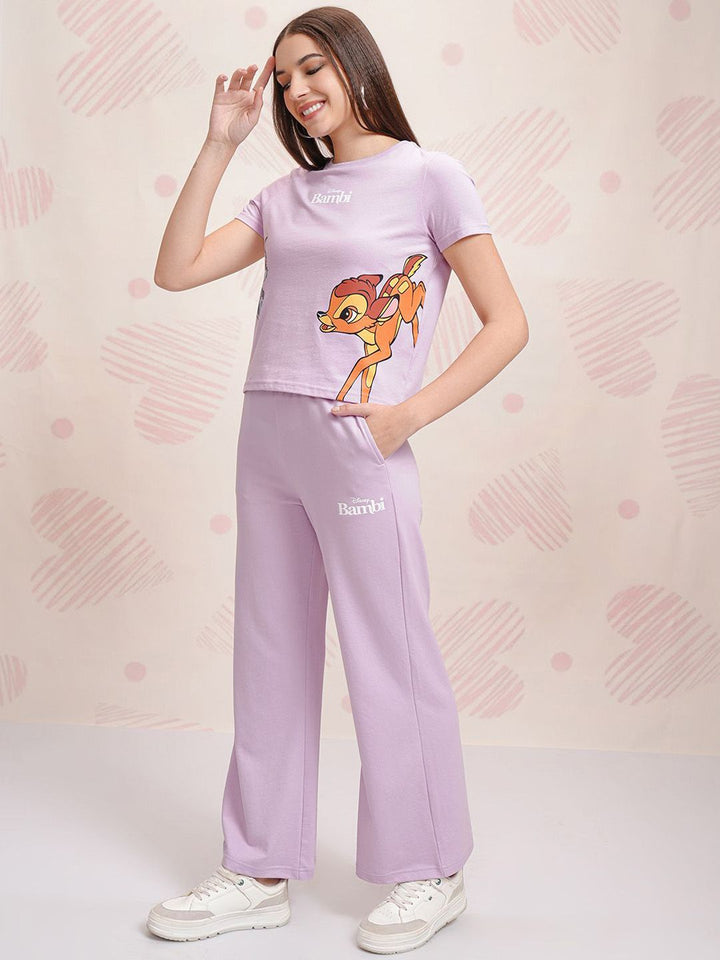 Tokyo Talkies Lavender Disney Bambi Printed Pure Cotton T Shirt With Trouser