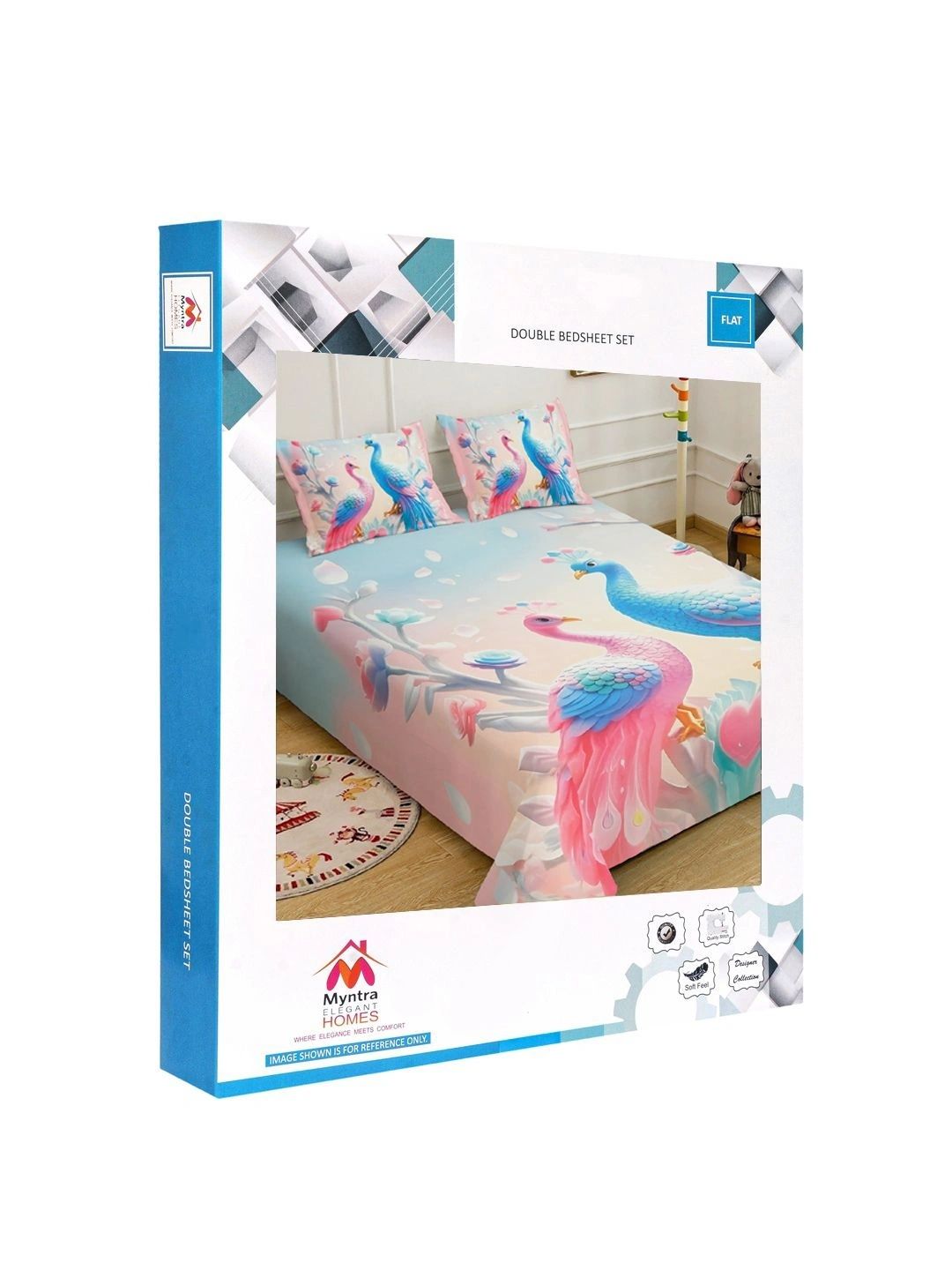 Myntra Elegant Homes White & Turquoise Blue 400 TC King Bedsheet with 2 Pillow Covers