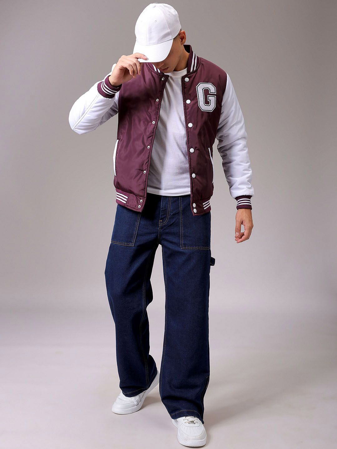 The Indian Garage Co Men Stand Collar Typography Printed Casual Varsity Jacket