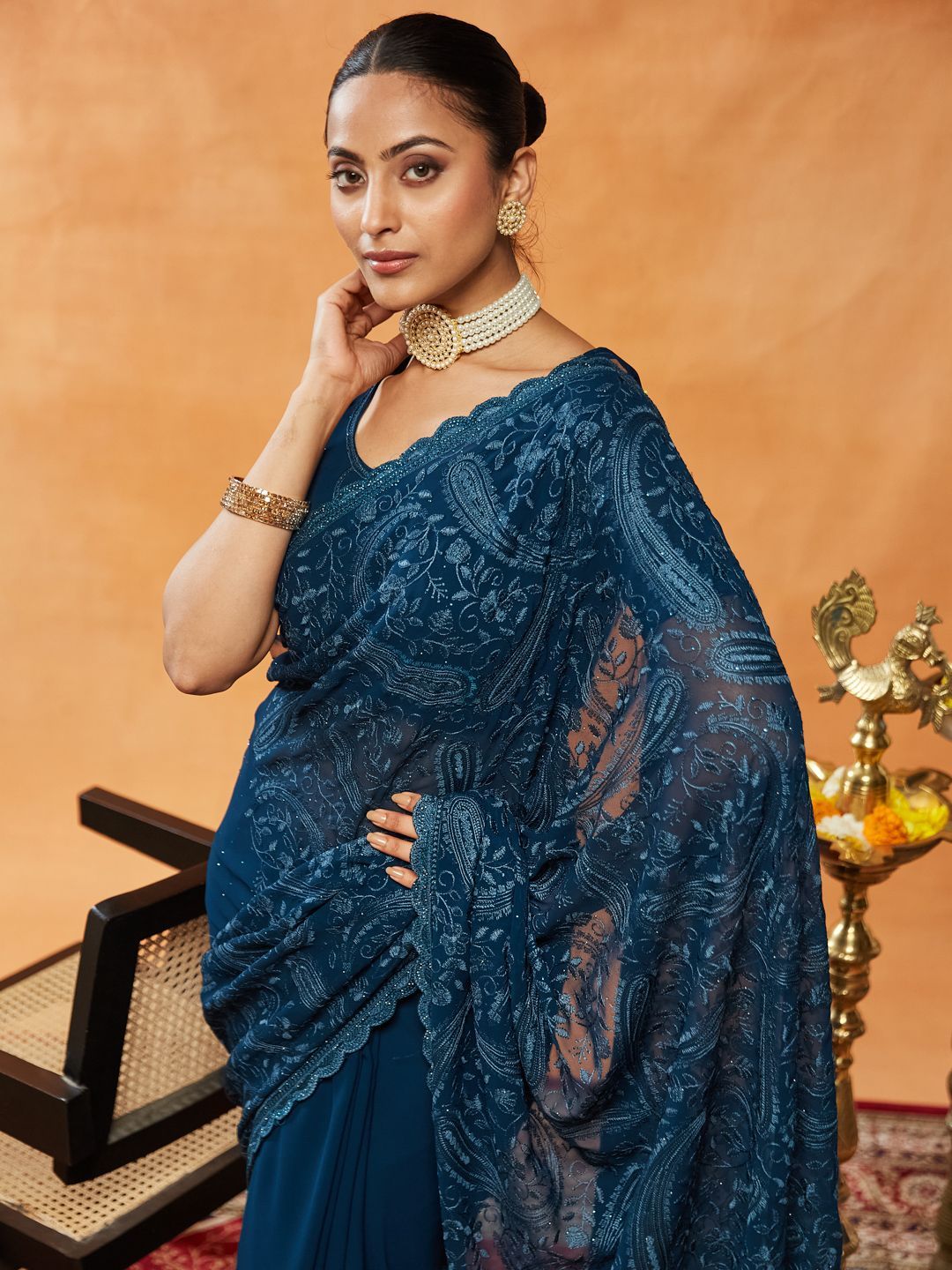 kasee Tenunan Design Bersulam Tulen Georgette Saree