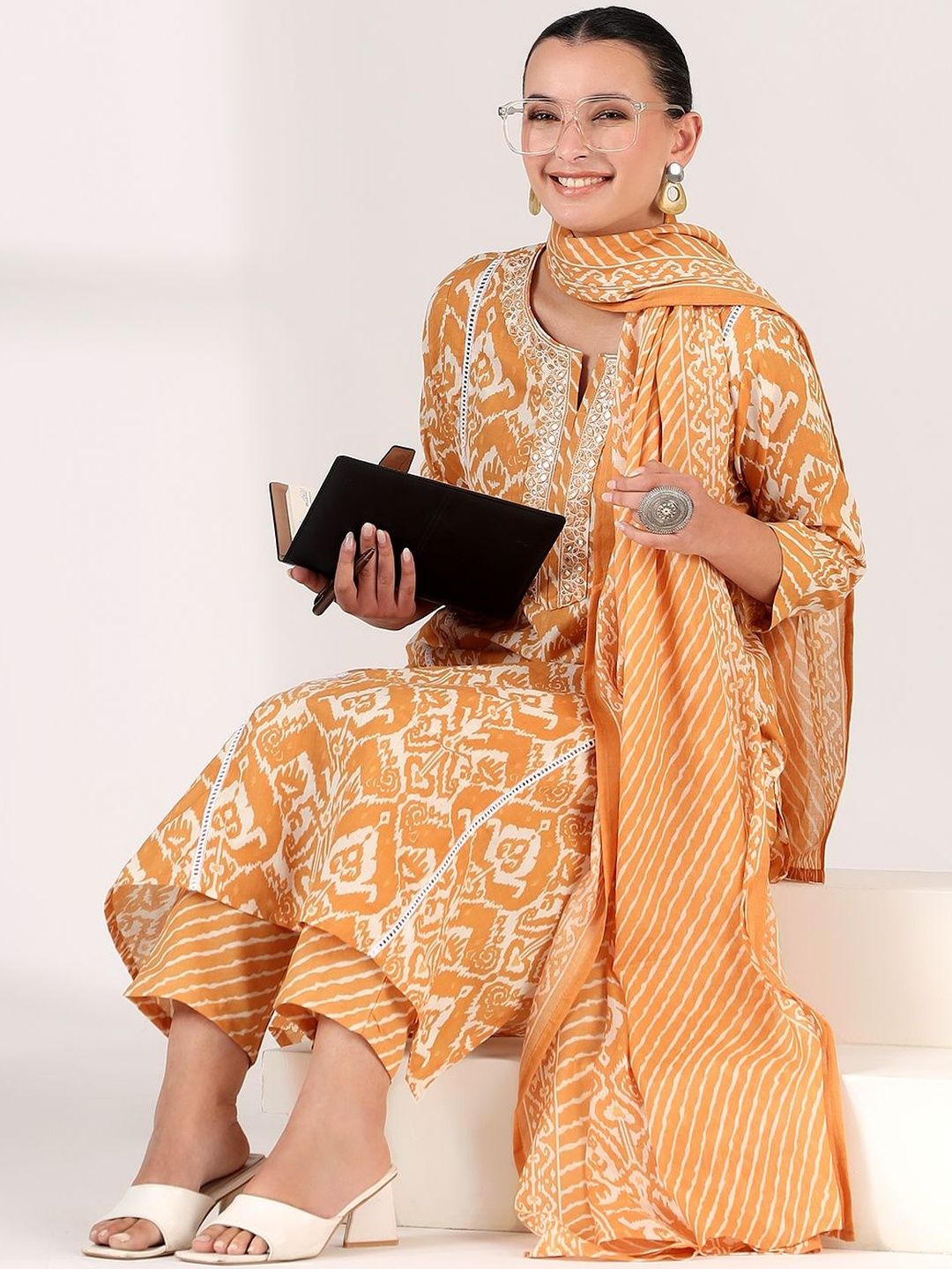 Motif Etnik Wanita Mamicha Bercetak Cermin Biasa Kurta Kerja dengan Seluar & Dengan Dupatta