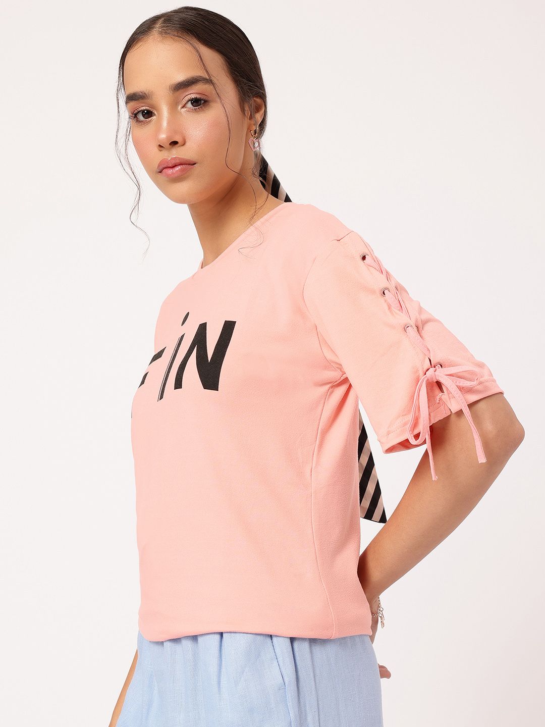 DressBerry Tik Talk Printed Lace-Up Sleeves T-shirt