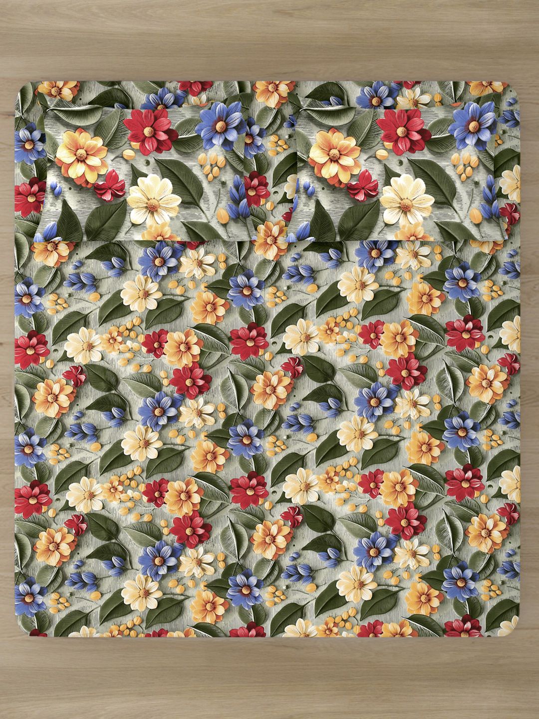 KLOTTHE Green Floral Printed Dilengkapi 300 TC King Double 7D Cadar Dengan 2 Sarung Bantal