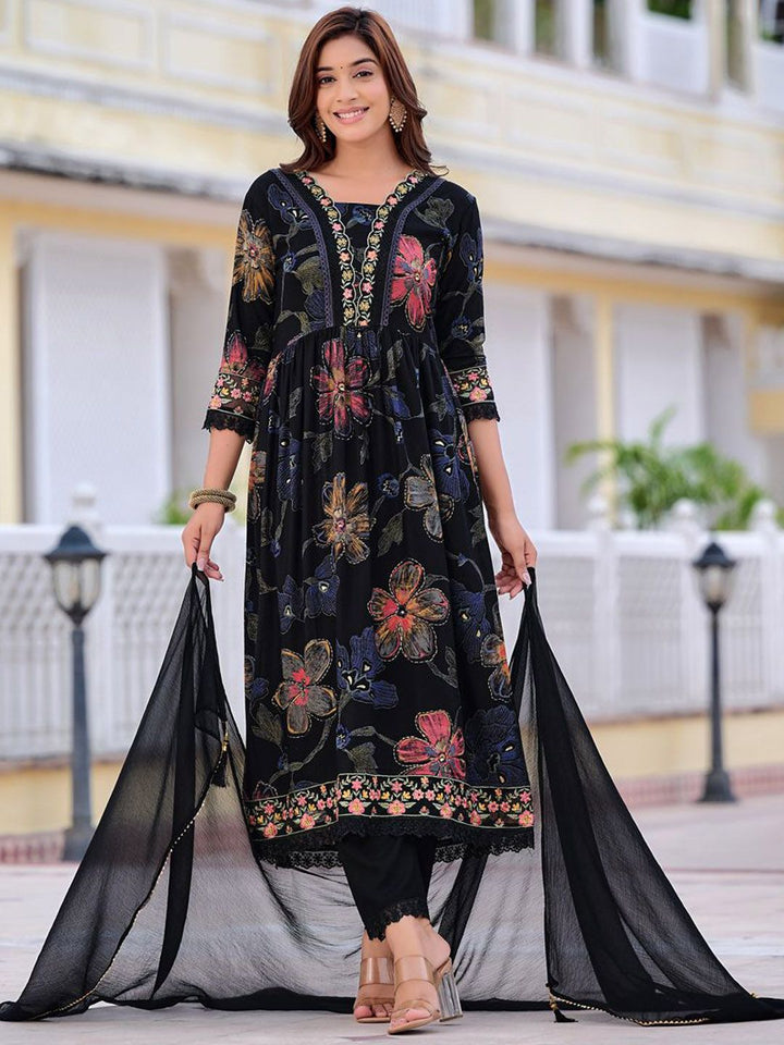KALINI Floral Printed V-Neck Thread Work Anarkali Kurta With Trousers & Dupatta