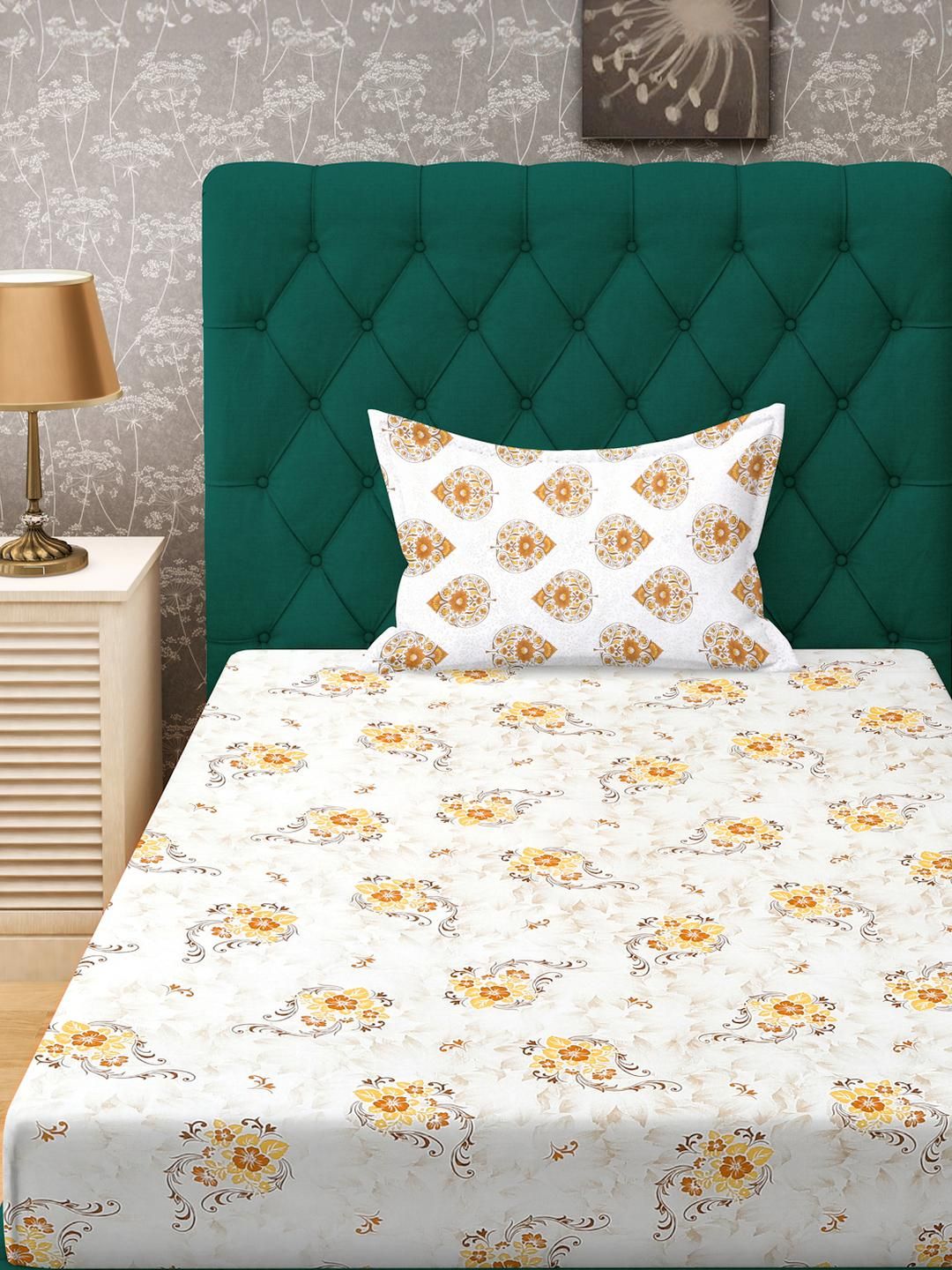KLOTTHE Yellow Cotton Floral 400 TC Single Bedsheets