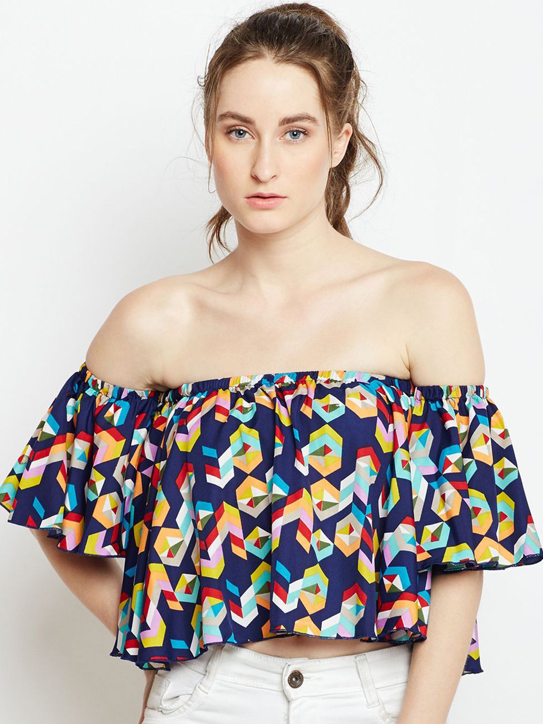 Berrylush Geometric Print Off-Shoulder Flared Sleeve Ruffles Bardot Crop Top