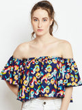 Berrylush Geometric Print Off-Shoulder Flared Sleeve Ruffles Bardot Crop Top