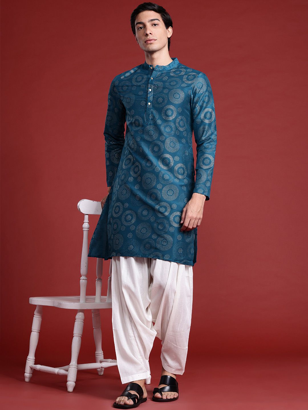 Anouk Geometric Printed Mandarin Collar Straight Kurta