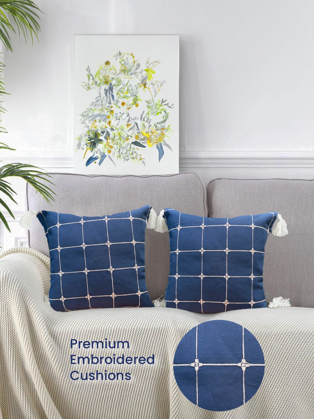 URBAN SPACE Blue & White 2 Pieces Embroidered Square Cushion Covers