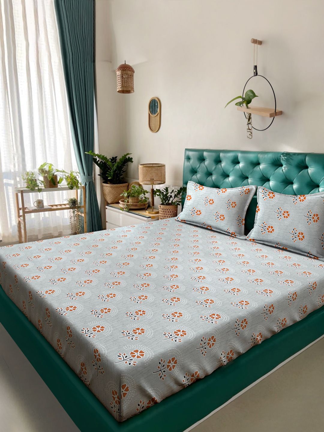 Myntra Elegant Homes Kelabu & Oren Bunga Kapas Tulen 400 TC Set Cadar King-2.5mX2.25m