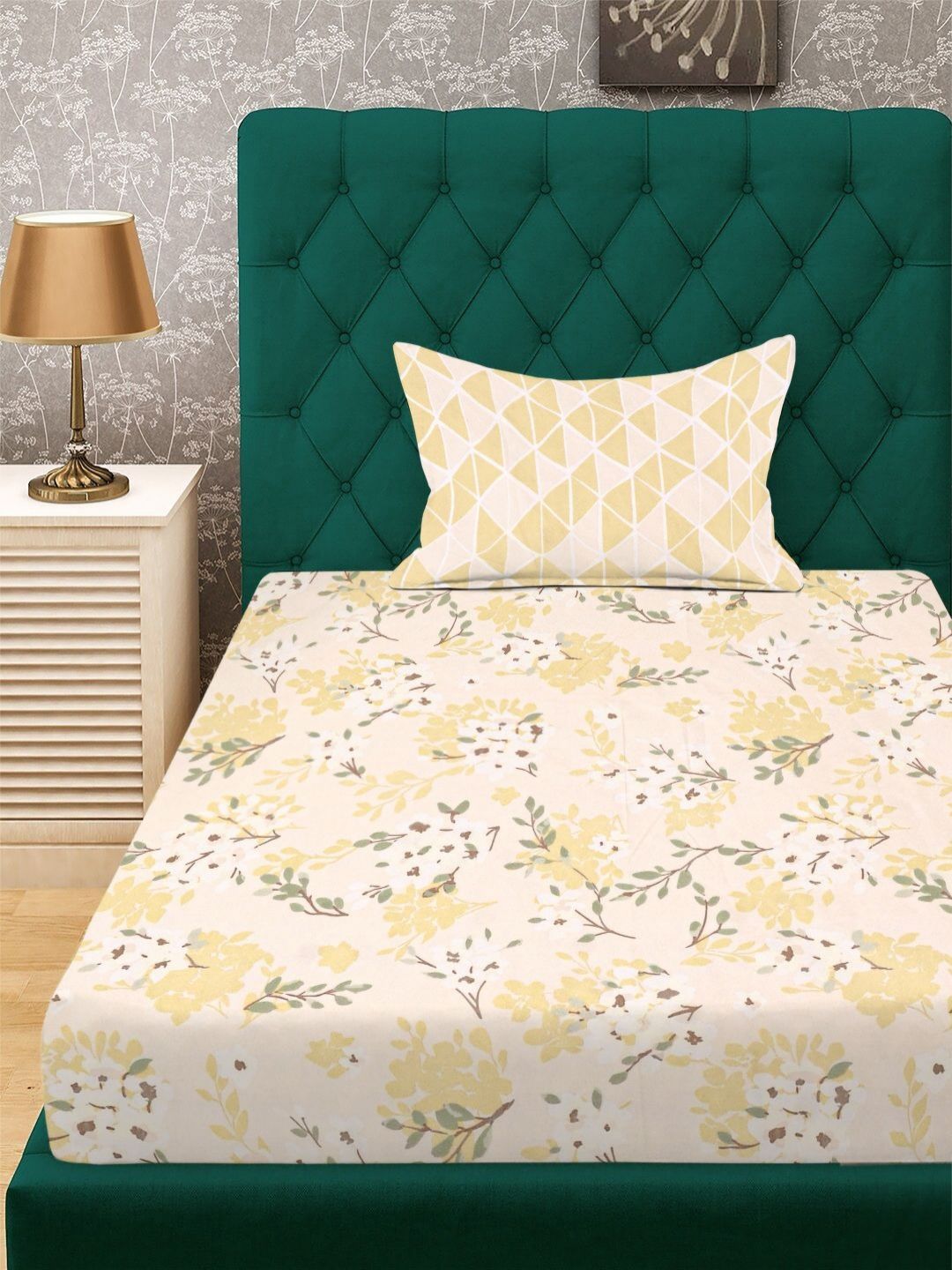 Aura Yellow & Green Floral Printed 300 TC Single Bedsheet Set- 2.25 m X 1.50 m
