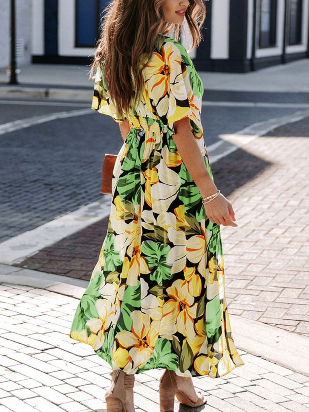 all about you Tropical Print Flared Sleeve Slits Midi Dress