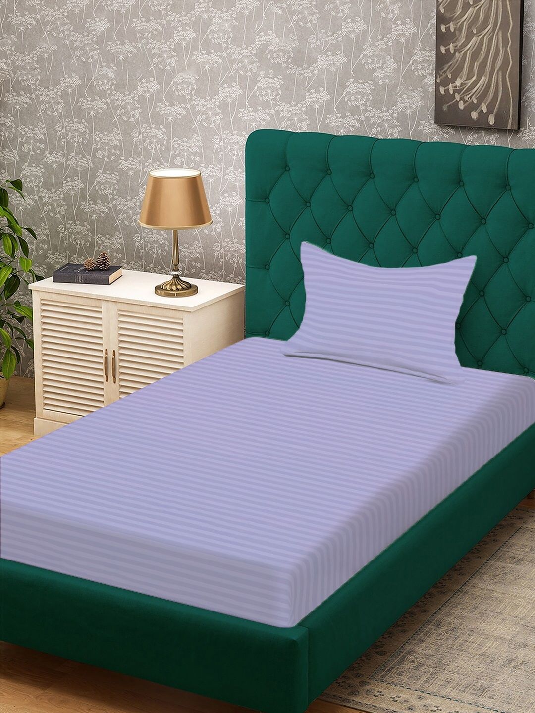 KLOTTHE Lavender Striped 300 TC Polycotton Single Bedsheet With 1 Pillow Cover