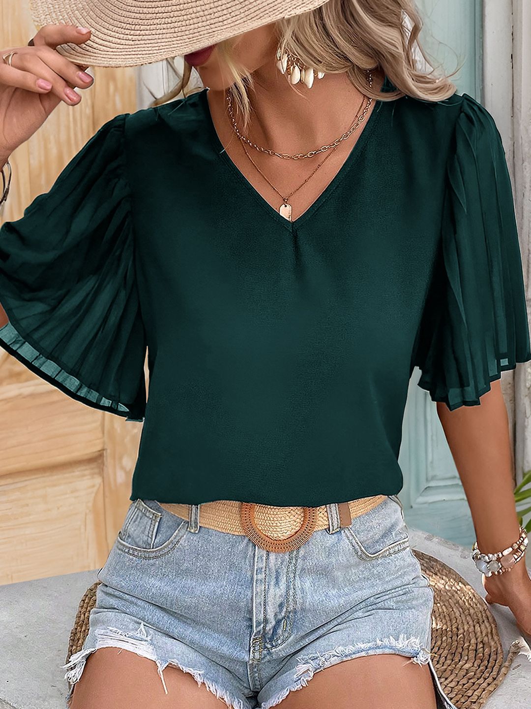 DressBerry Accordion Pleated Flared Sleeve Top