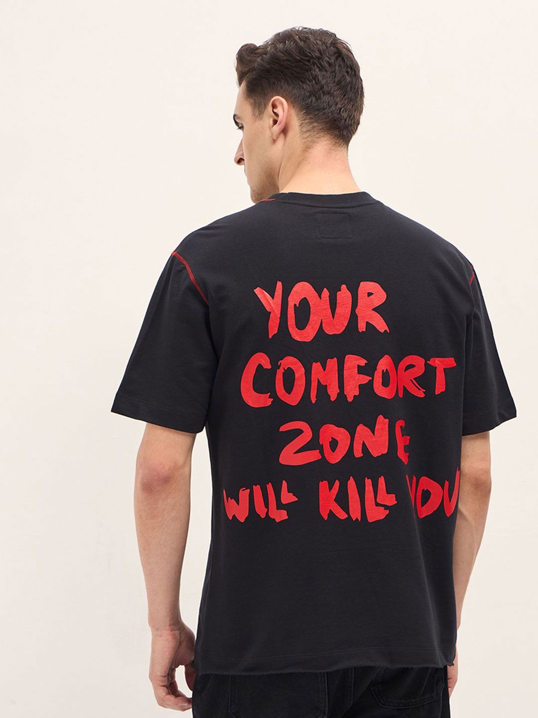 THE BEAR HOUSE Men Typography Printed Round Neck Cotton Oversized T-shirt