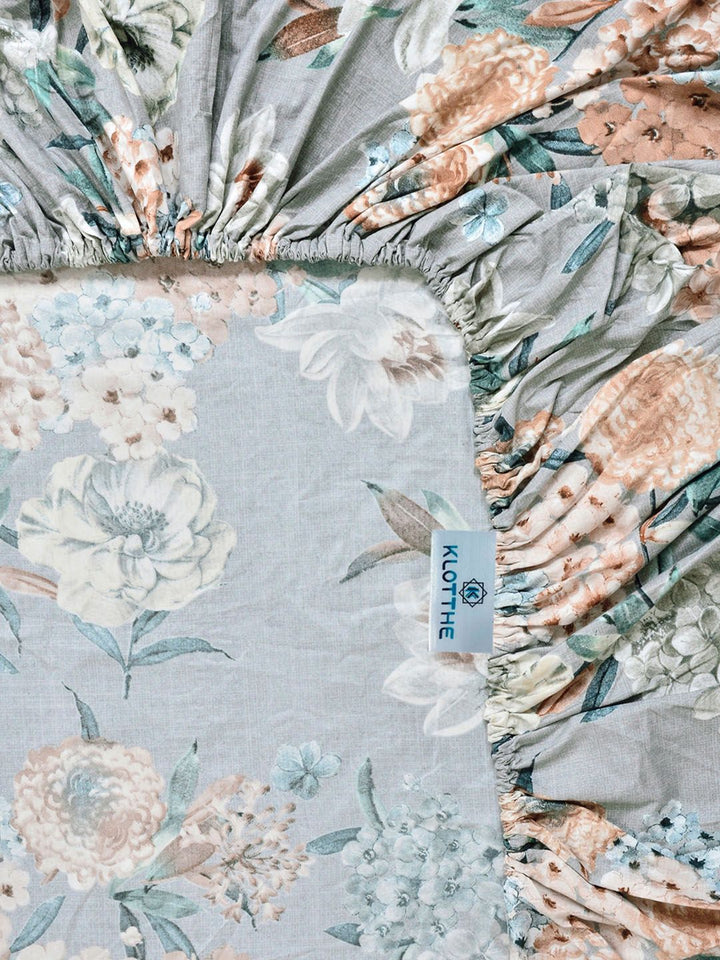 KLOTTHE Grey & Peach Printed 300 TC Double Bedsheet Dengan 2 Sarung Bantal- 2.5 m x 2.25 m