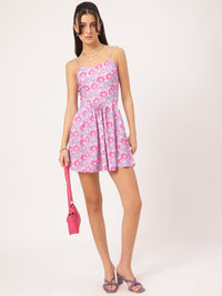 DressBerry Soft Pastel Floral Printed Shoulder Straps Fit & Flare Mini Dress
