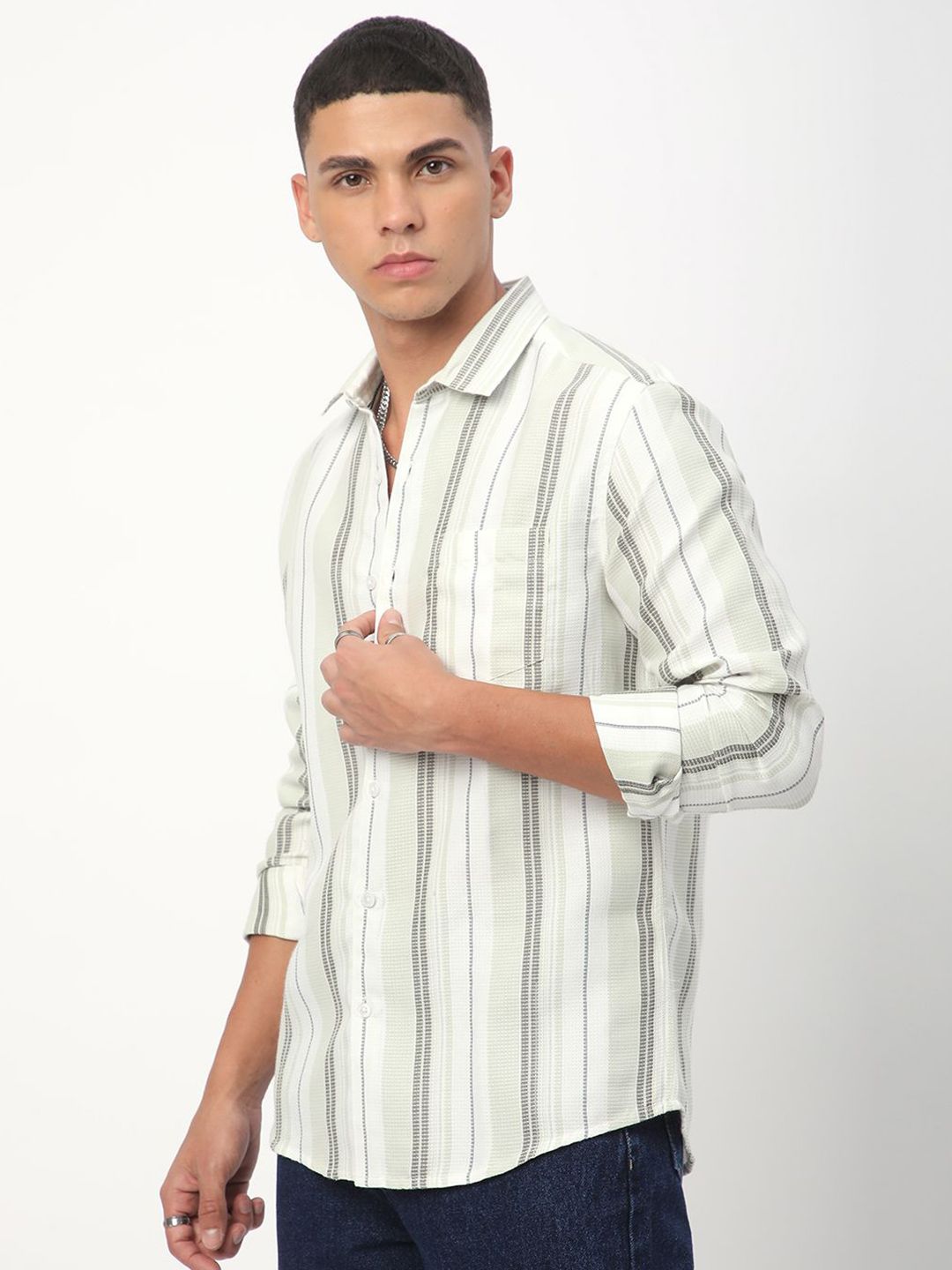 VASTRADO Men Classic Spread Collar Multi Striped Cotton Slim Fit Casual Shirt