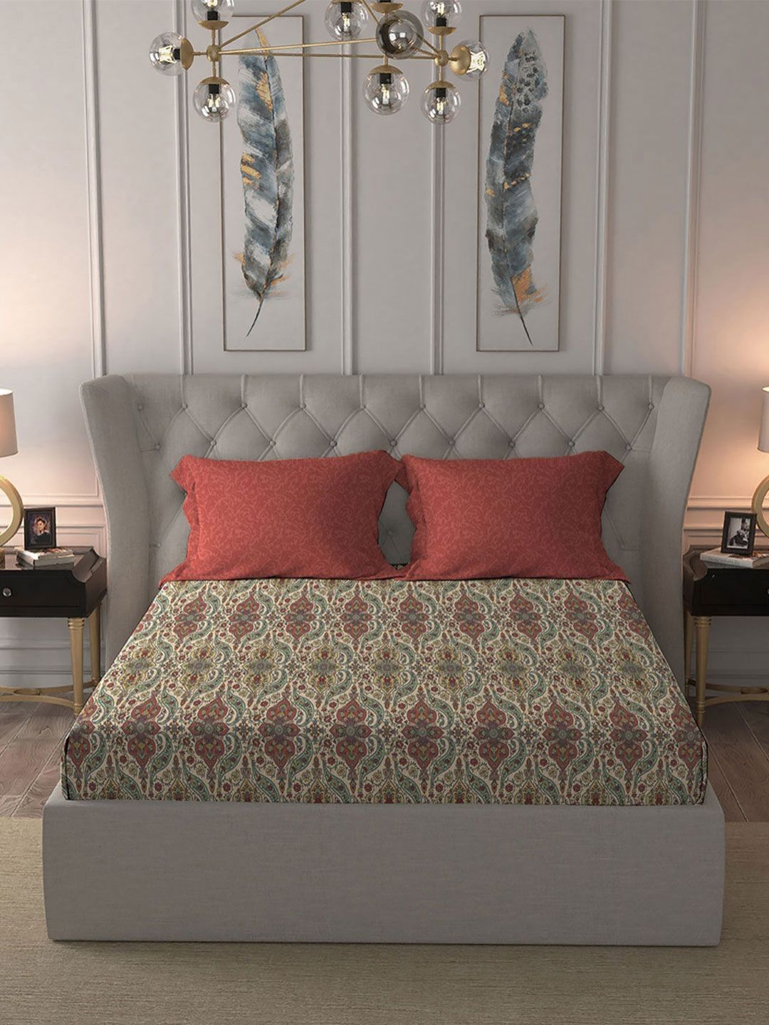 TRIDENT Feza Beige Celebration Flat 144TC Queen Pure Cotton Bedsheet Set
