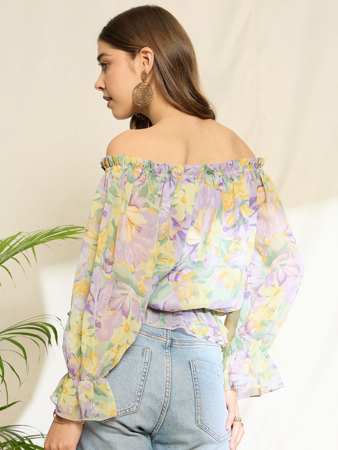 Berrylush Floral Print Off-Shoulder Flared Sleeve Ruffles Georgette Peplum Top