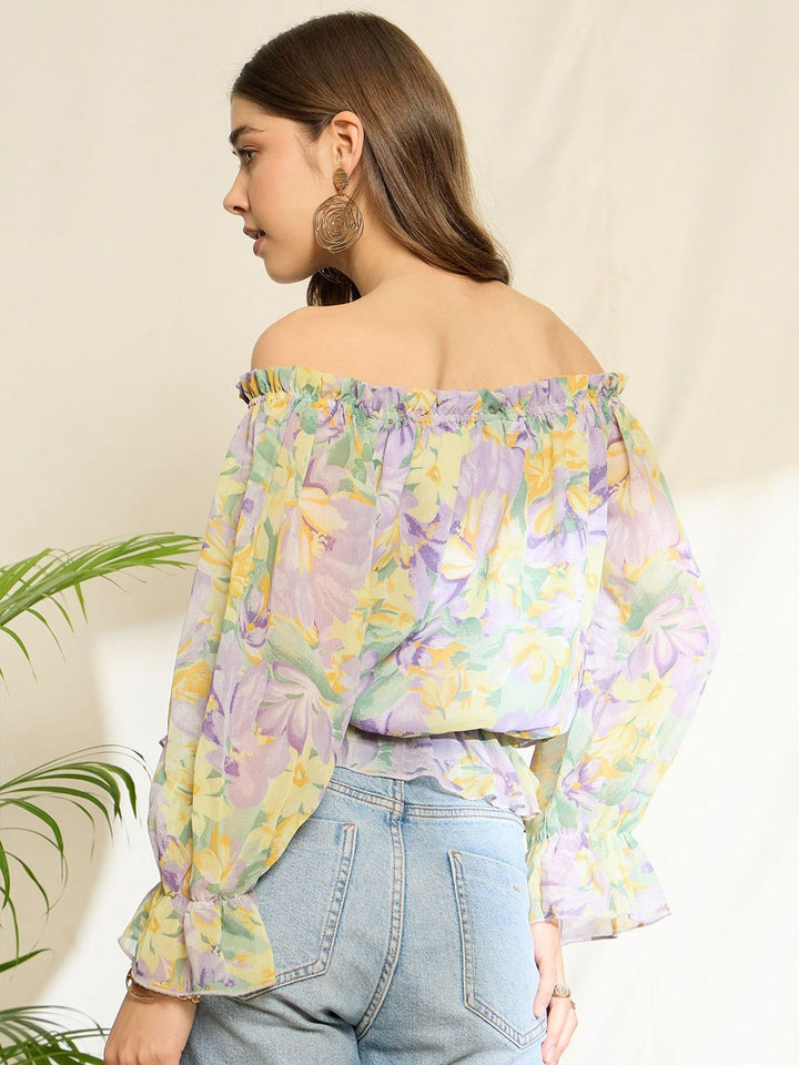 Berrylush Floral Print Off-Shoulder Flared Sleeve Ruffles Georgette Peplum Top