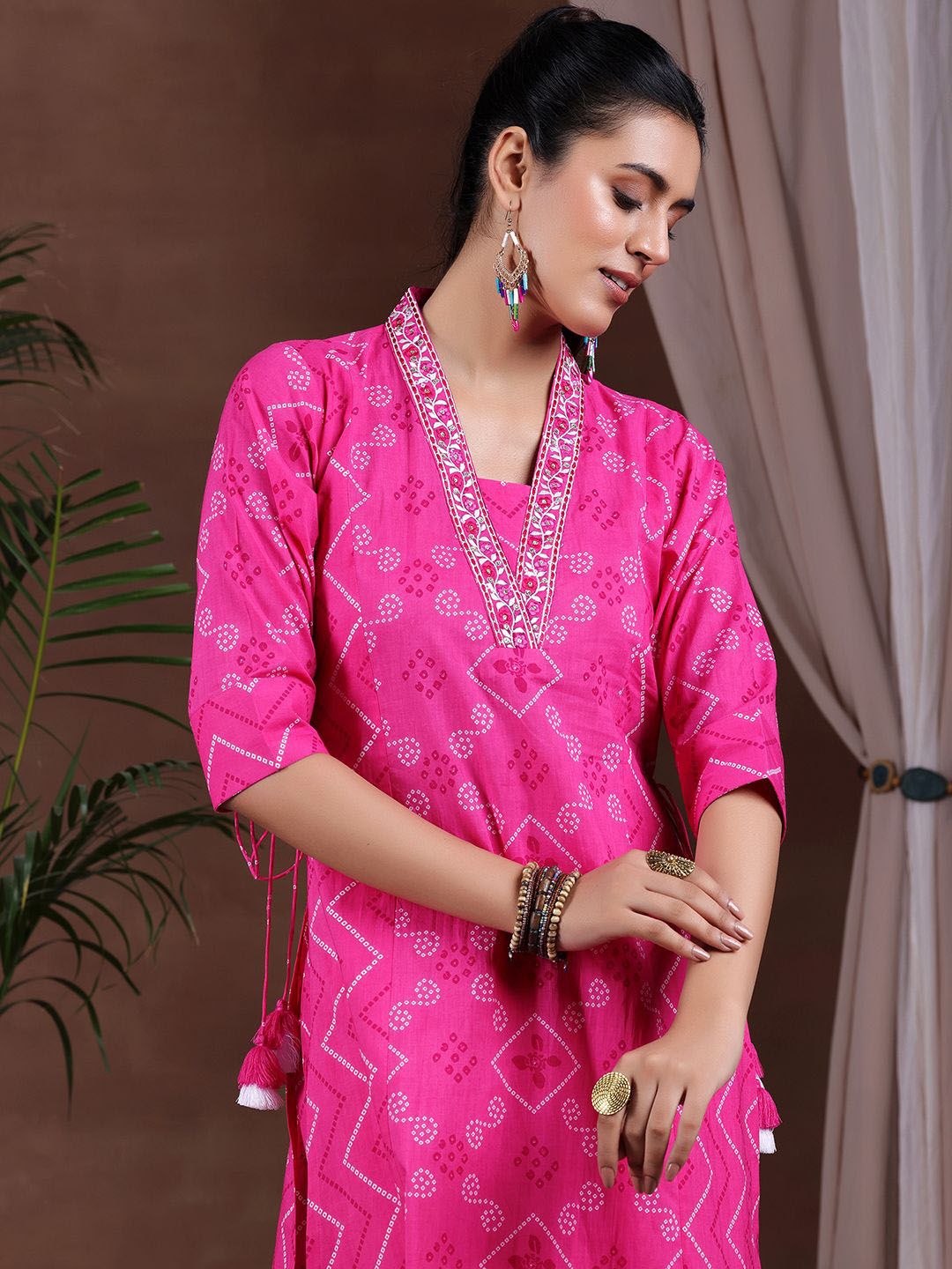 Libas Bandhani Printed V-Neck Pure Cotton A-Line Kurta With Salwar & Dupatta