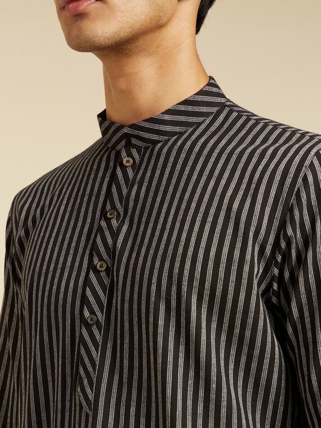 Diwas by Manyavar Striped Mandarin Collar Cotton Straight Kurta