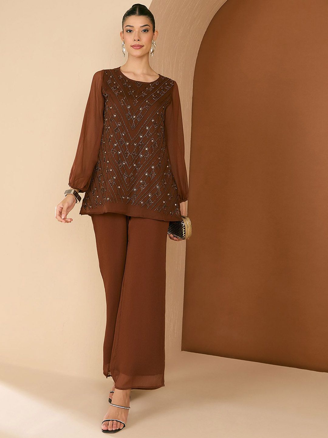 Antheaa Embellished Round Neck Top & Trousers Co-Ords