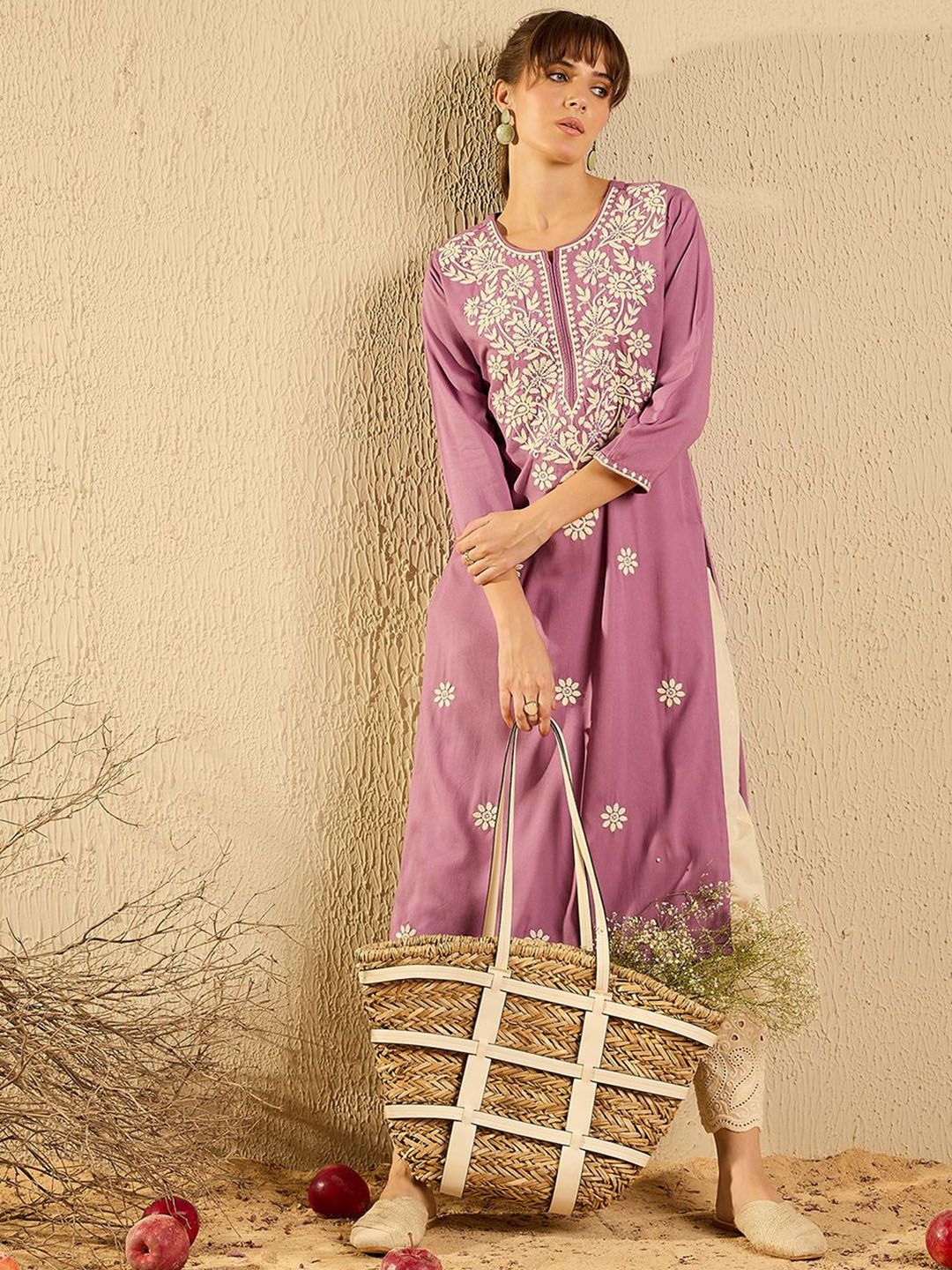 Wanita Era Indo Paisley Benang Sulam Kerja Pastel Kurta