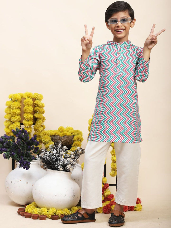 Cutiekins Boys Chevron Printed Mandarin Collar Straight Kurta With Trousers